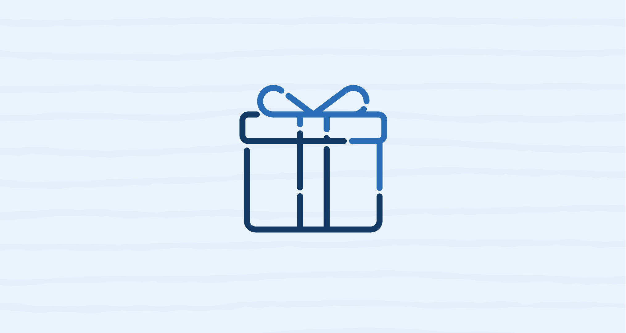 Simple blue gift box icon with ribbon on white background.