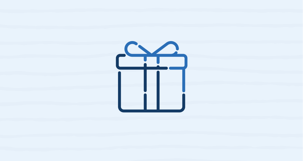 Simple blue gift box icon with ribbon on white background.