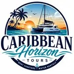Logo of a yacht near palm trees at sunset with text 'Caribbean Horizon Tours'.