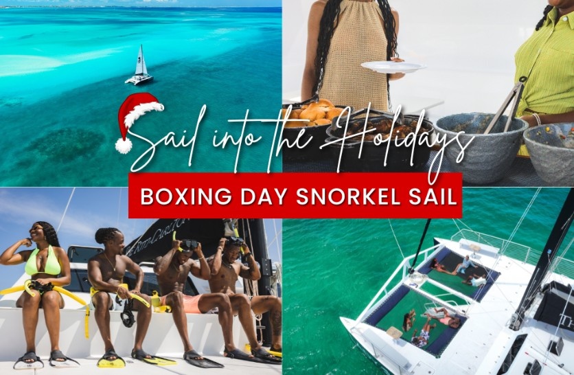 Collage of tropical sail, people on a boat, and festive text: 'Sail into the Holidays'.