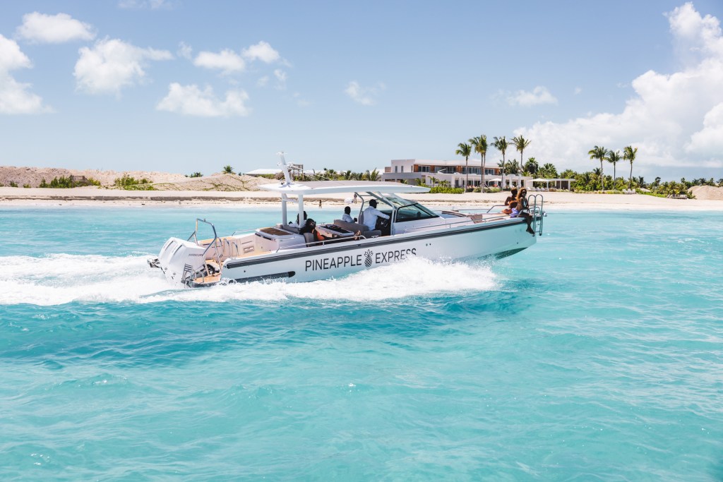 Boat named Pineapple Express cruising on turquoise water near a tropical beach.