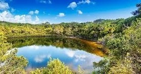 Scenic view of a circular forest lake under a bright blue sky with clouds.