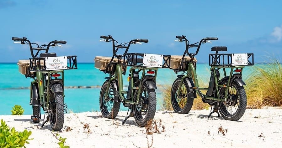 Four green bicycles with baskets parked on a sandy beach by turquoise water.