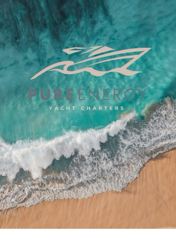 Beach and ocean with 'Pure Energy Yacht Charters' logo overlaid.