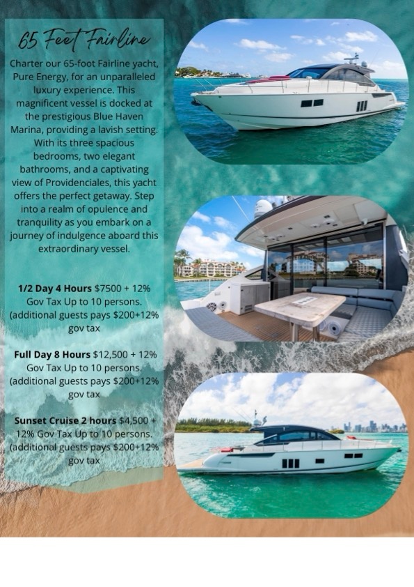 Flyer promoting yacht charters with prices, photos of yacht and sea views.