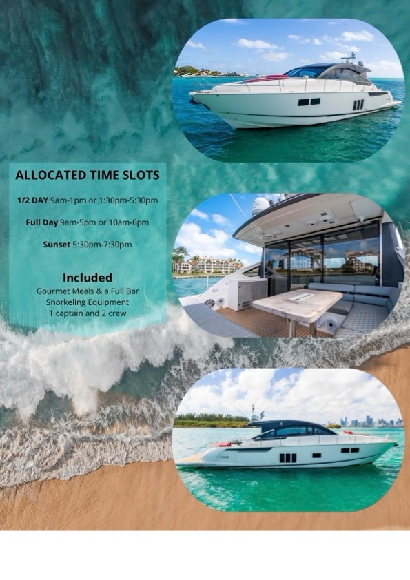 Yacht on turquoise water, listing time slots, amenities, and crew details.