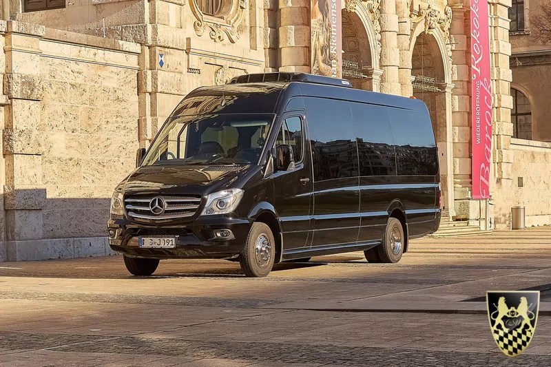 Black Mercedes-Benz van parked in front of a historic building.