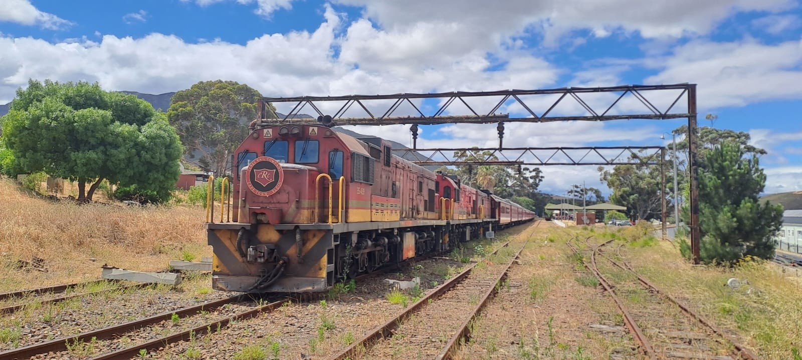 Freight train on rural tracks under a metal structure with trees and cloudy sky.