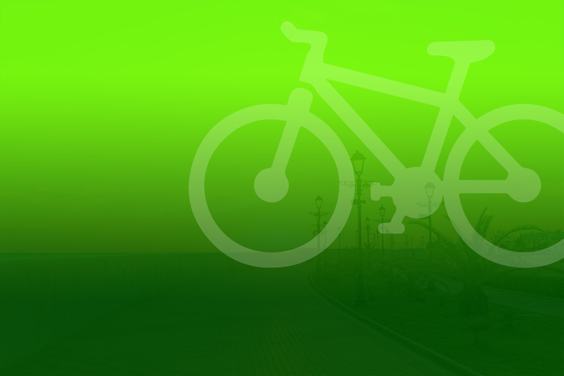 Faded bicycle icon over green gradient background.