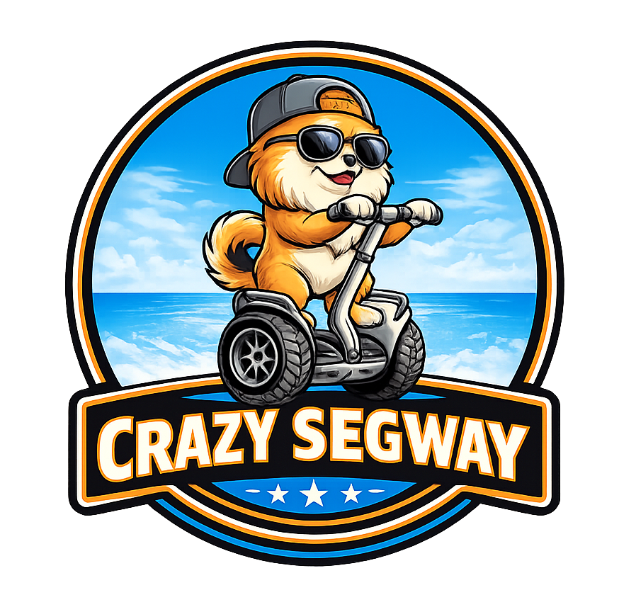 Cartoon dog on Segway wearing sunglasses and hat, 'Crazy Segway' text.