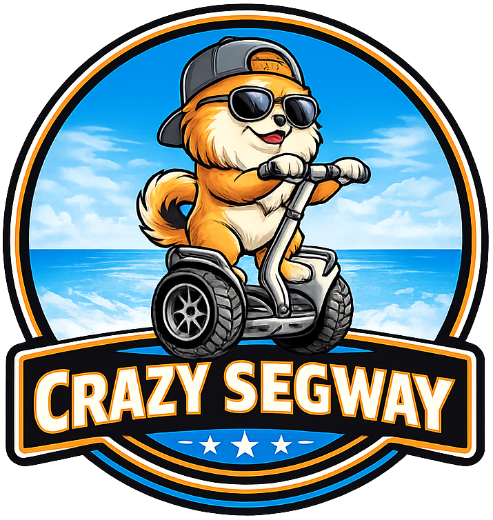 Cartoon dog on Segway wearing sunglasses and hat, 'Crazy Segway' text.
