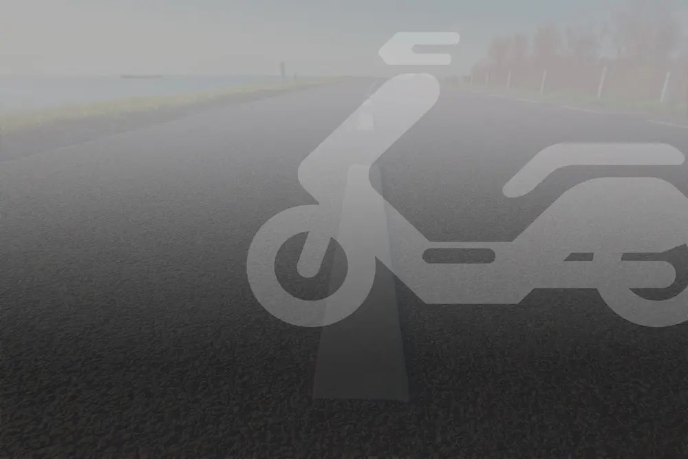 Faded scooter icon overlay on a foggy road scene.