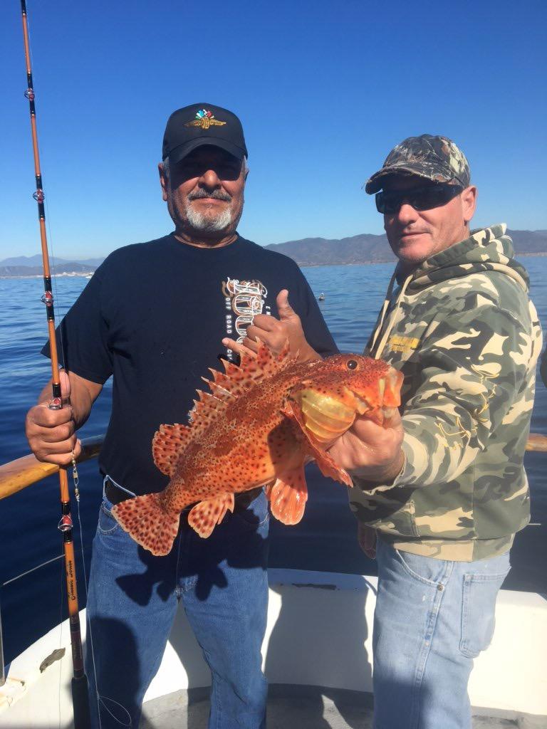 Two men on a boat holding a large fish with a fishing rod, ocean in the background.