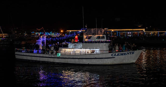 Boat decorated with colorful lights at night on a dark waterway.