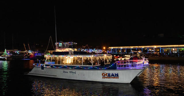 Boat adorned with colorful lights at night in a festive marina setting.