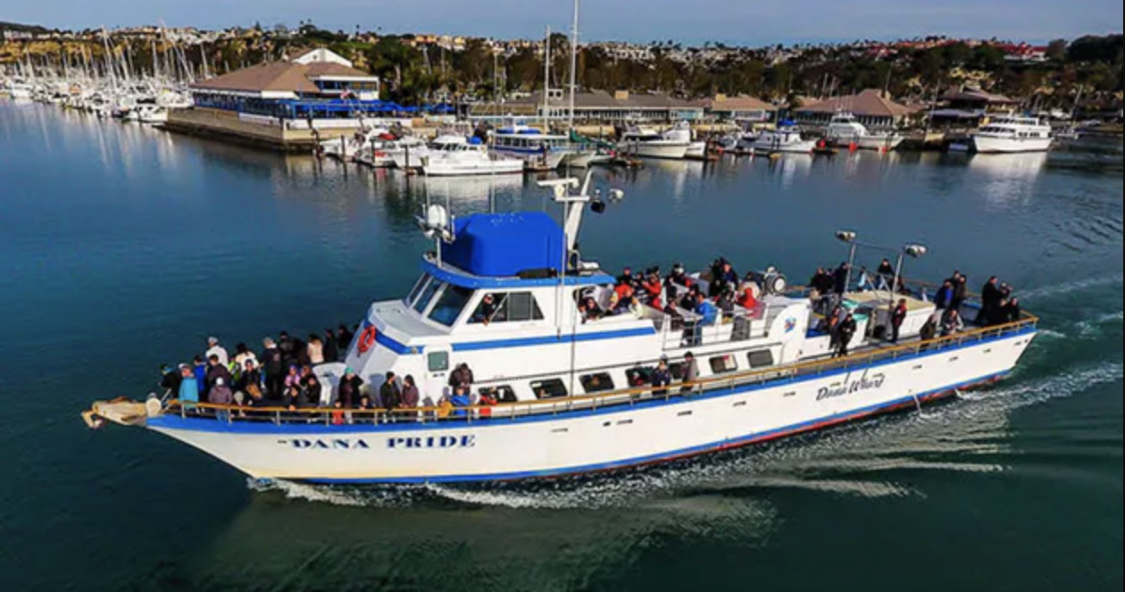 Large boat named Dana Pride with passengers sailing from a marina.