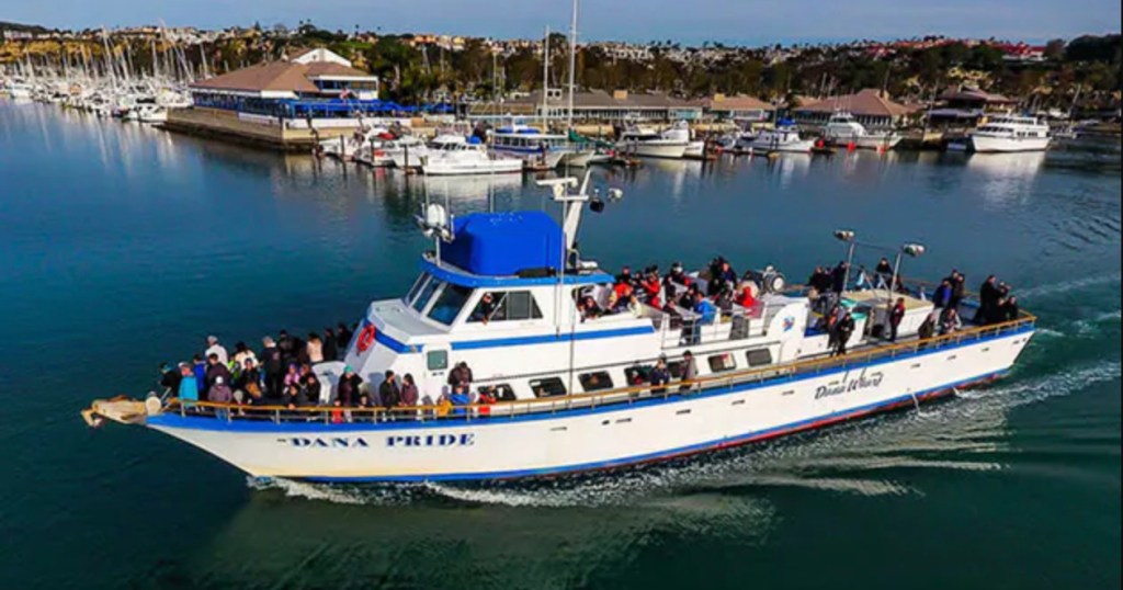 Large boat named Dana Pride with passengers sailing from a marina.