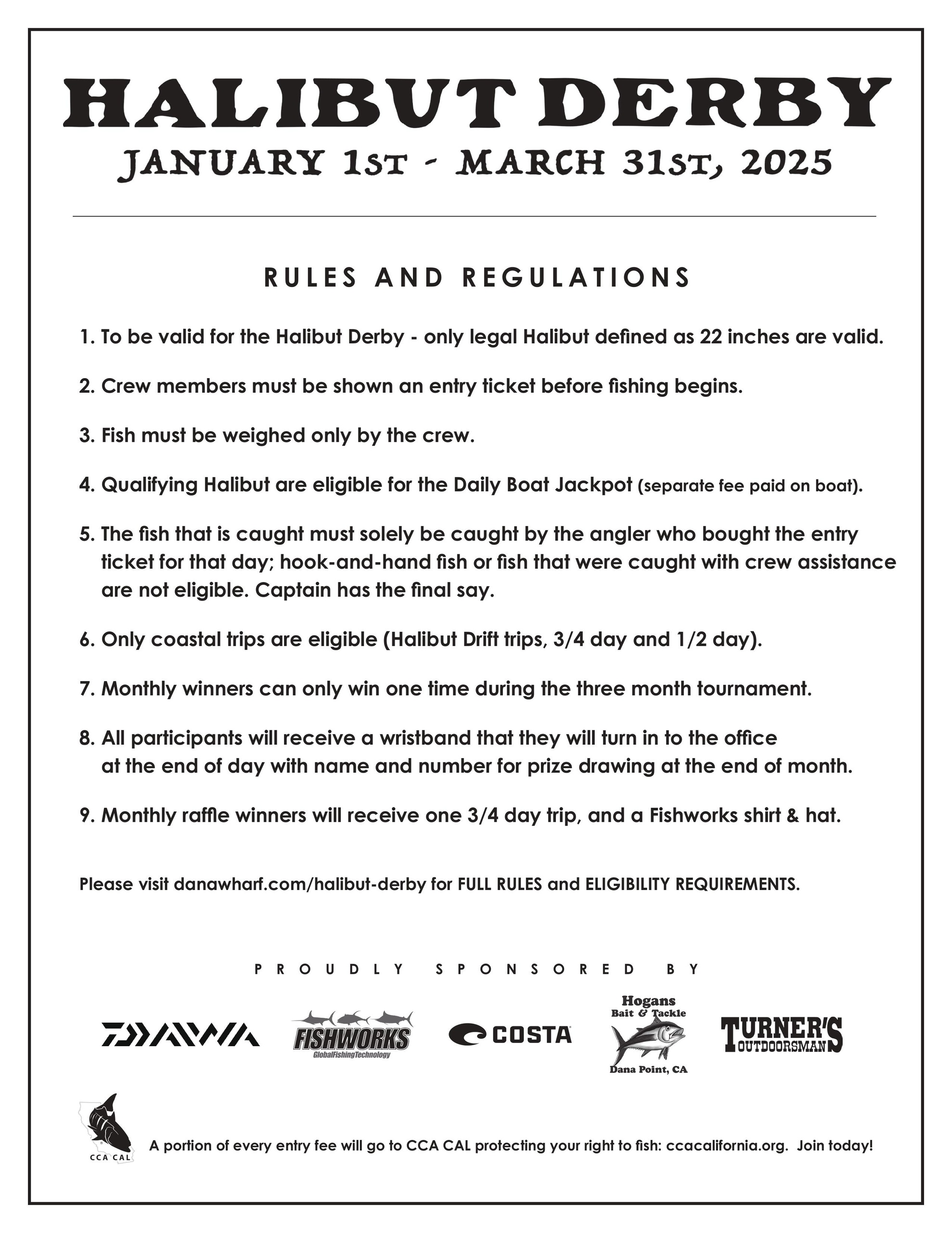 Halibut Derby rules and sponsors listed on a poster.