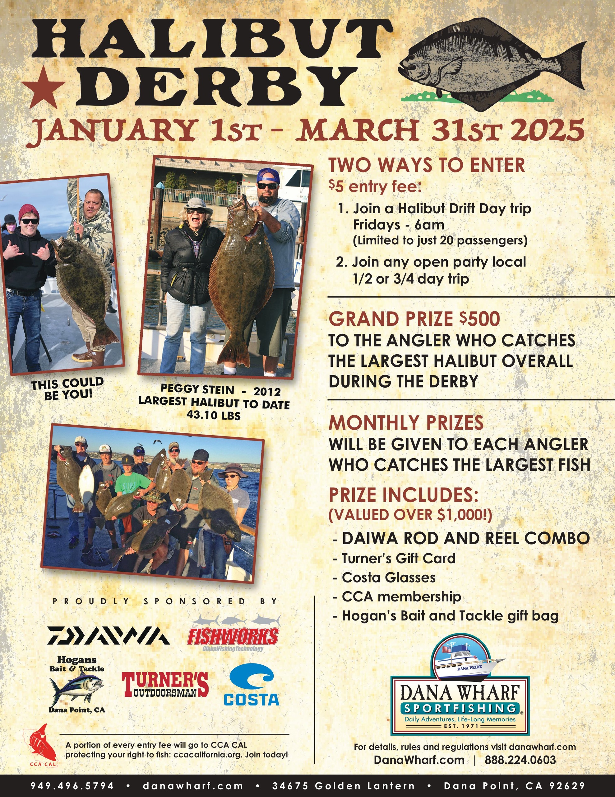 Halibut Derby poster for January 1 - March 31, 2025, with prize details and sponsors listed.