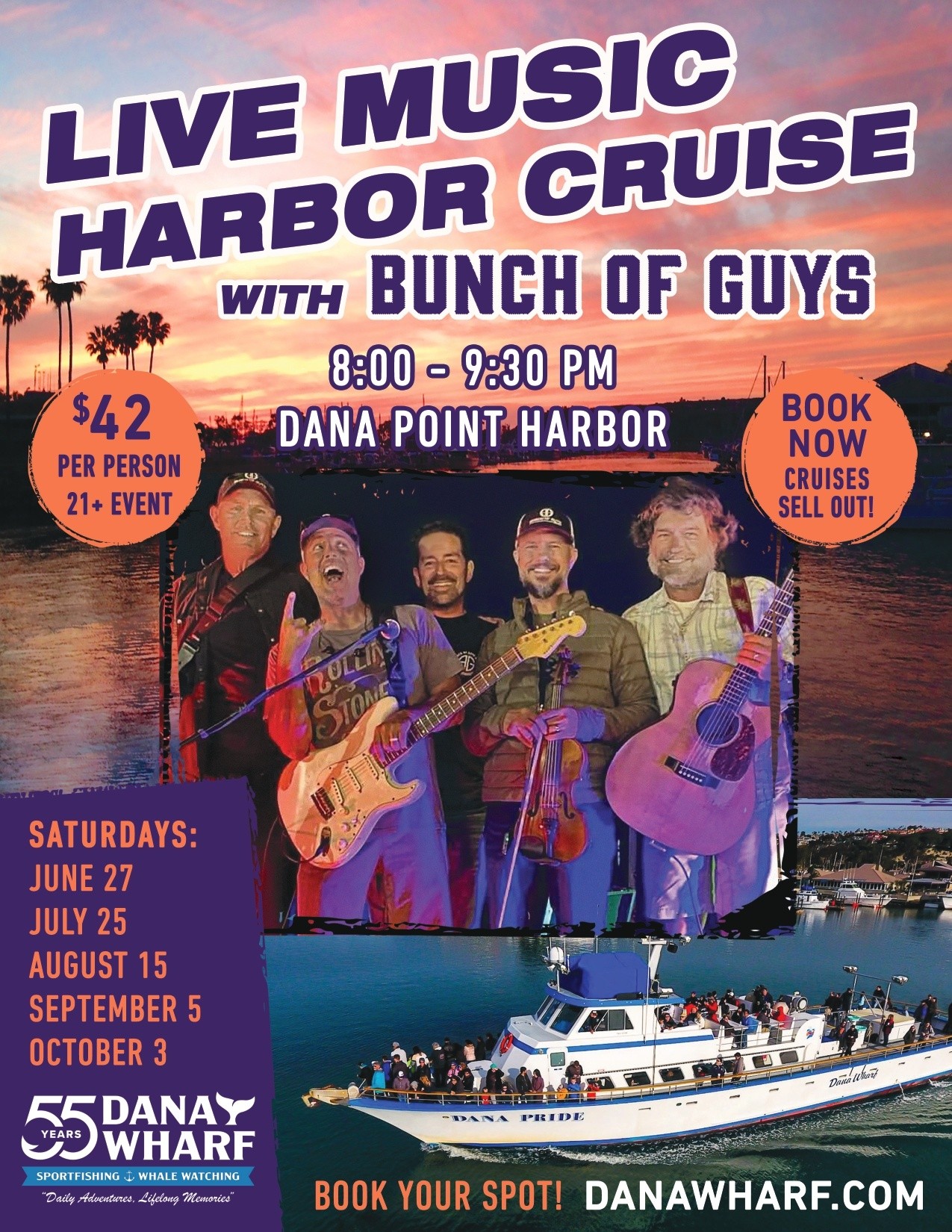 Live music harbor cruise poster with musicians and event details.