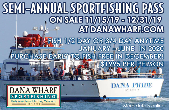 Advertisement for Dana Wharf sportfishing pass with boat image.