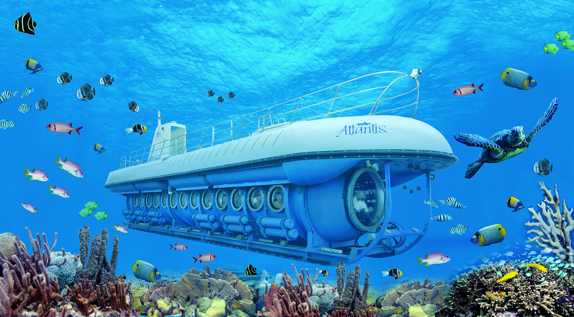 Underwater submarine surrounded by colorful fish and coral.