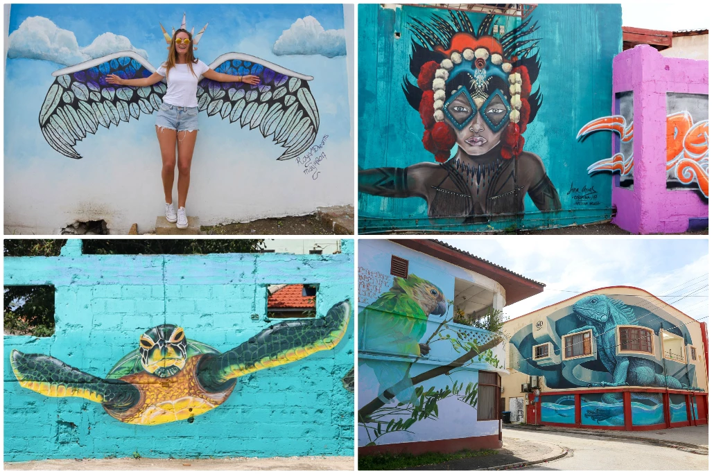 Street art collage: woman with angel wings, mask figure, sea turtle, bird and octopus mural.