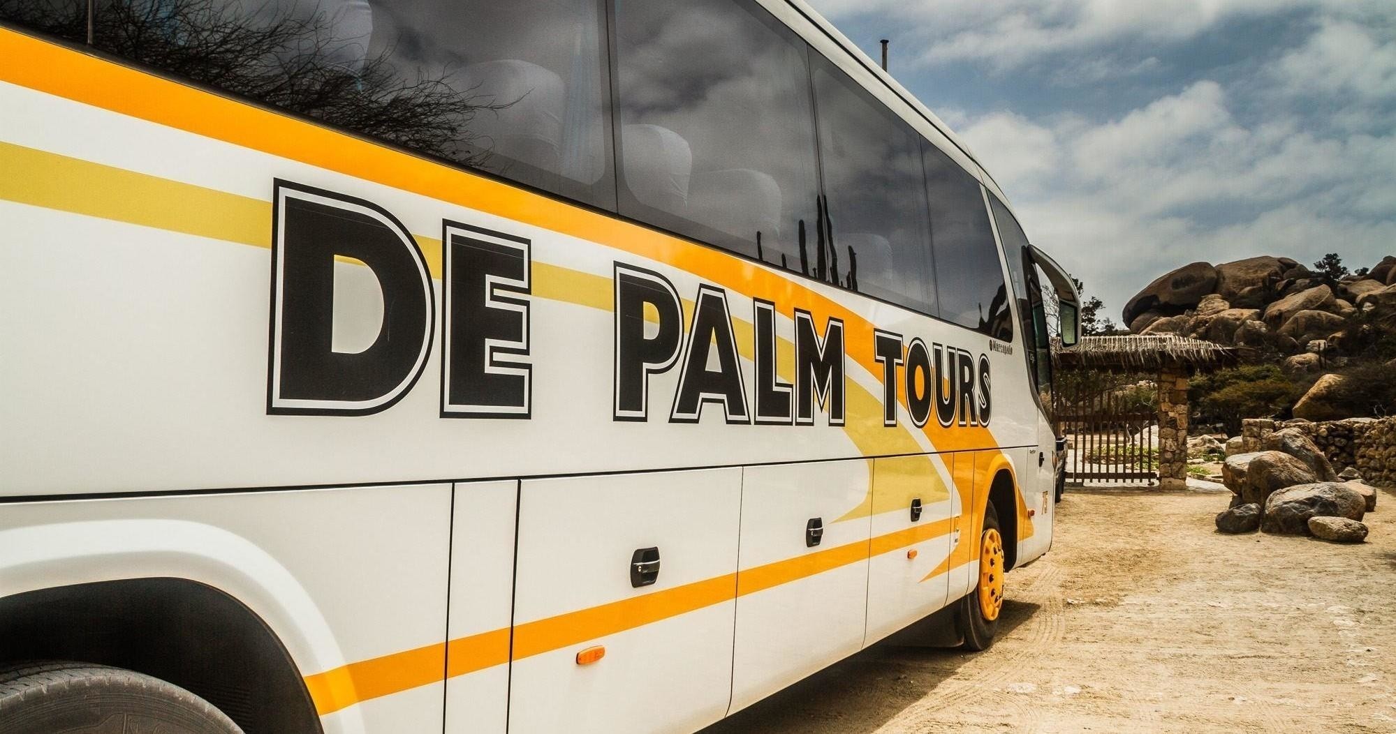Tour bus labeled 'DE PALM TOURS' parked on a dirt road.