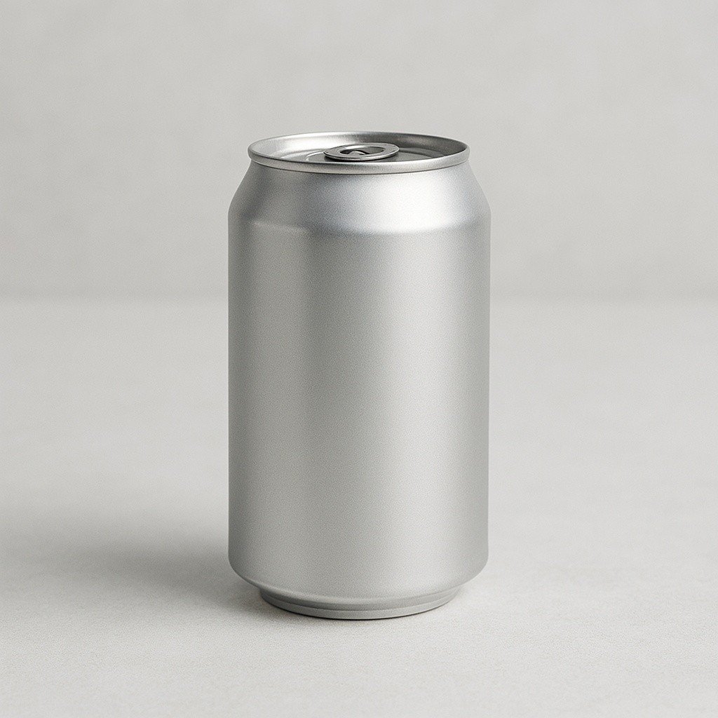 Plain silver beverage can on a gray surface.