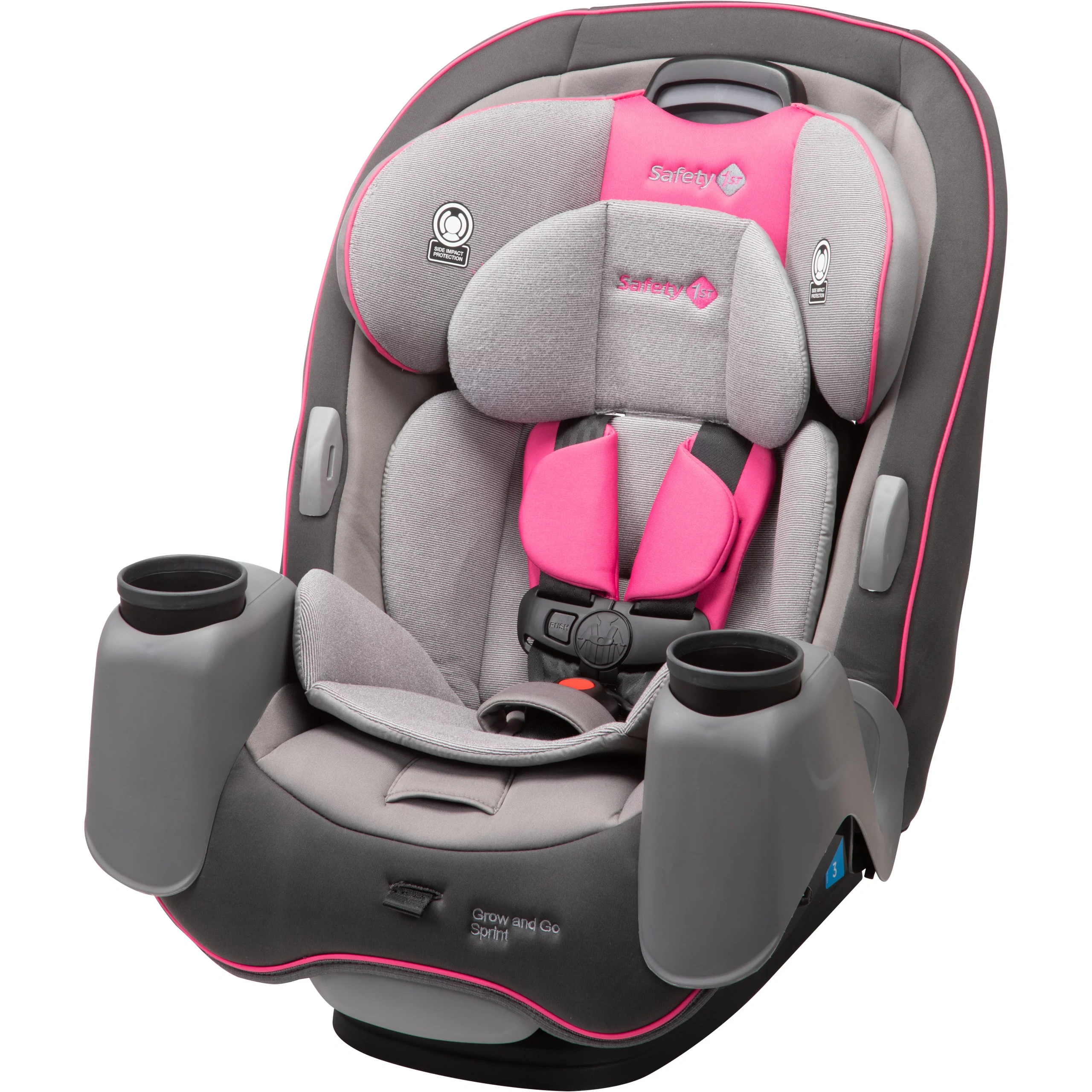 Child car seat with pink and gray cushions and two cup holders.