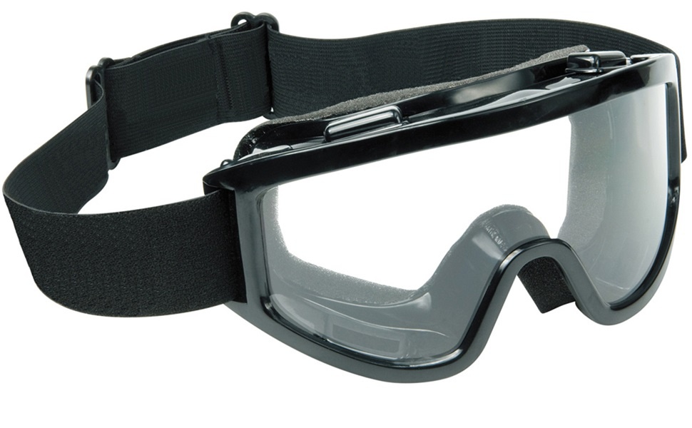 Protective goggles with black frame and adjustable strap.