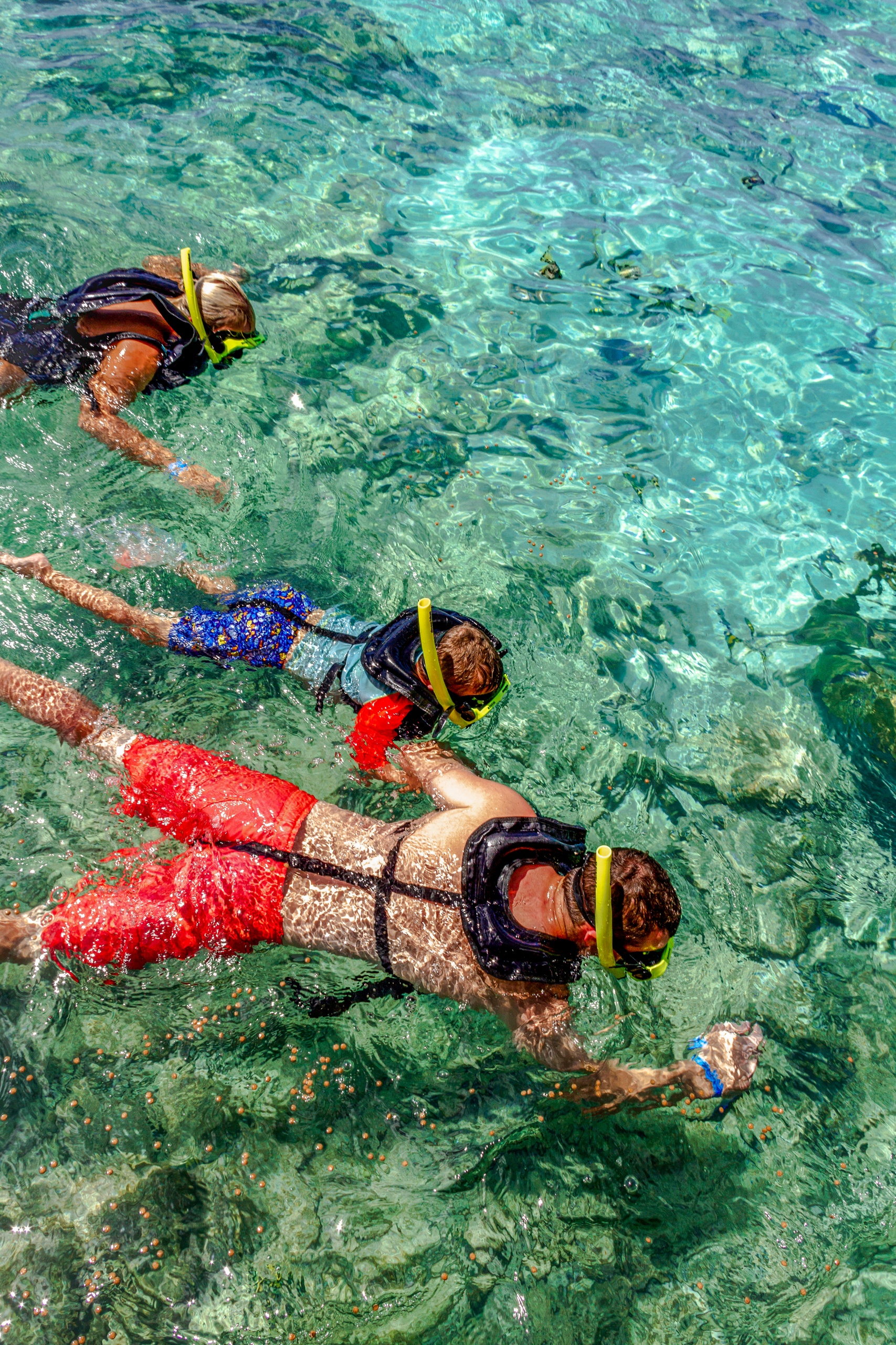 Three people snorkeling in clear turquoise water.