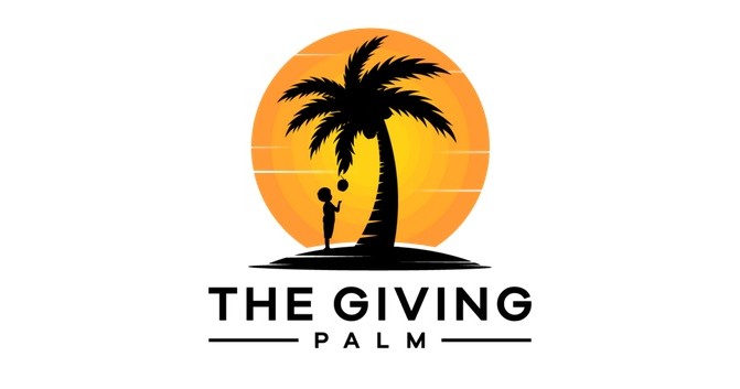Silhouette of person under palm tree with orange sun, text 'The Giving Palm' below.