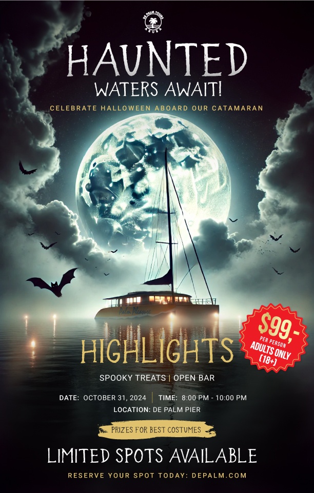 Spooky Halloween catamaran cruise poster with moonlit ocean.