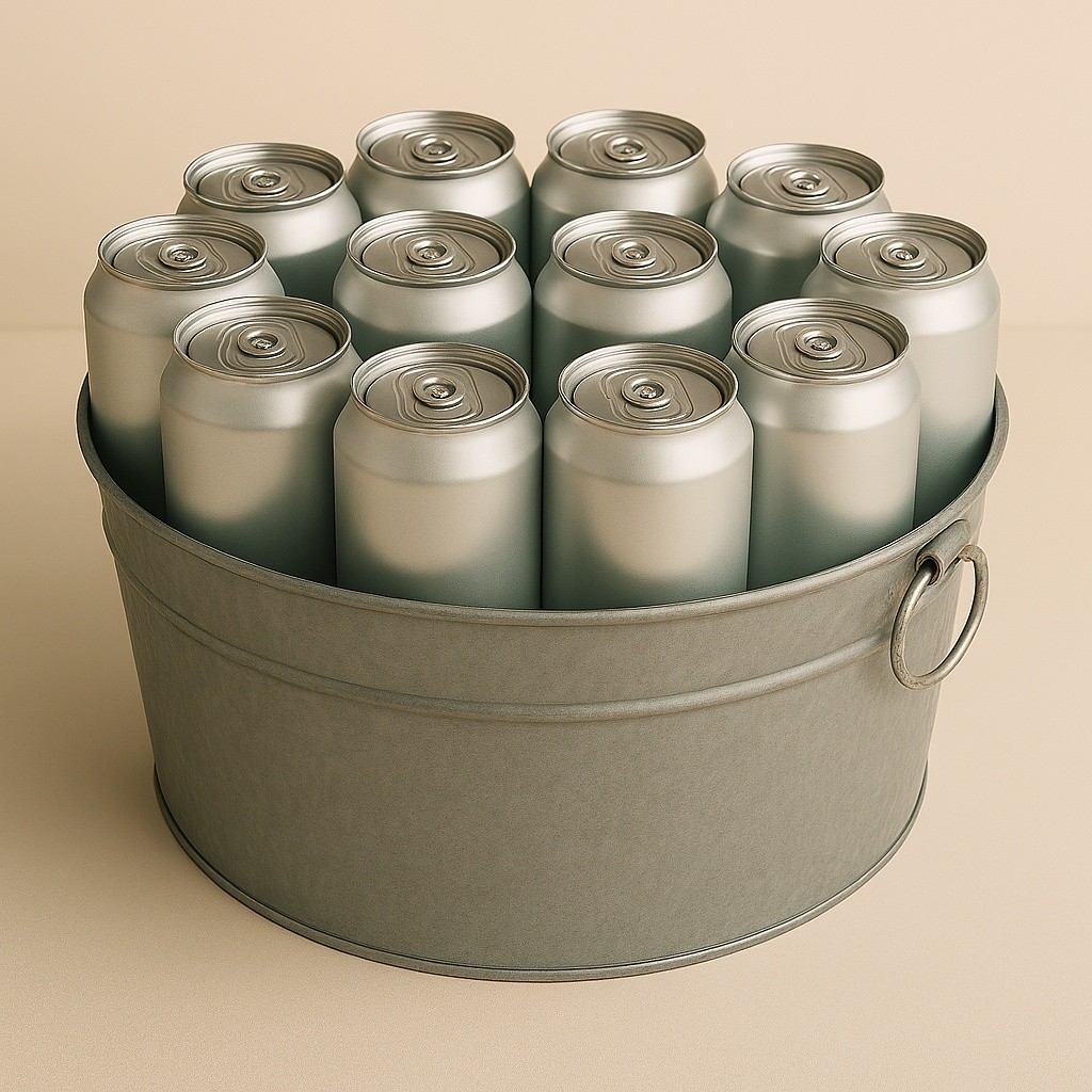 Twelve aluminum cans in a metal bucket on a beige background.