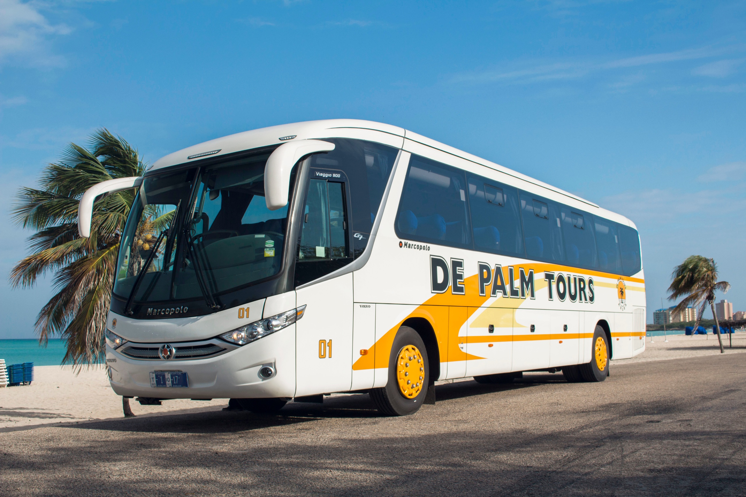 Tour bus labeled 'De Palm Tours' parked near a beach with palm trees.