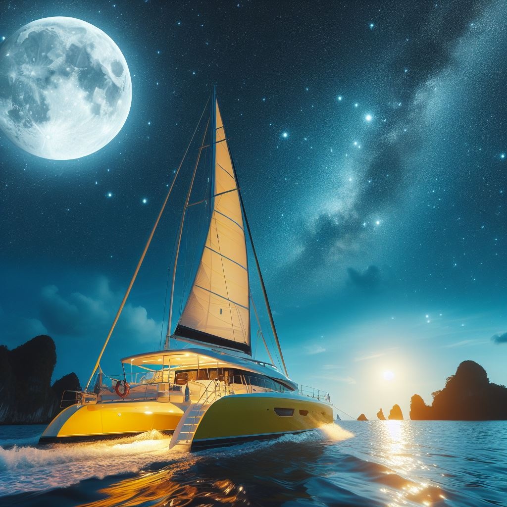 Sailboat under a starry night sky with full moon and lit horizon.