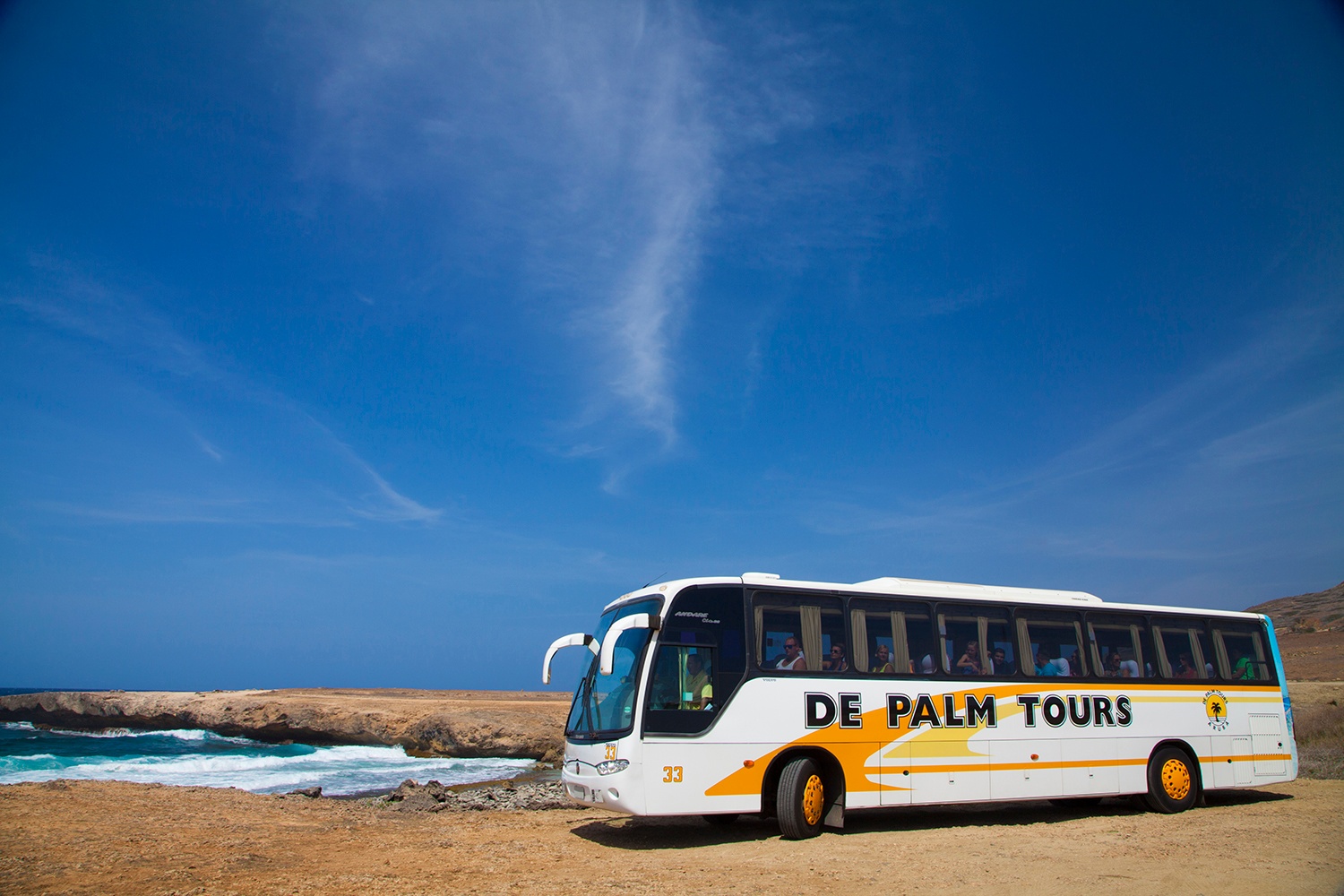 Tour bus parked by the ocean under a clear blue sky.