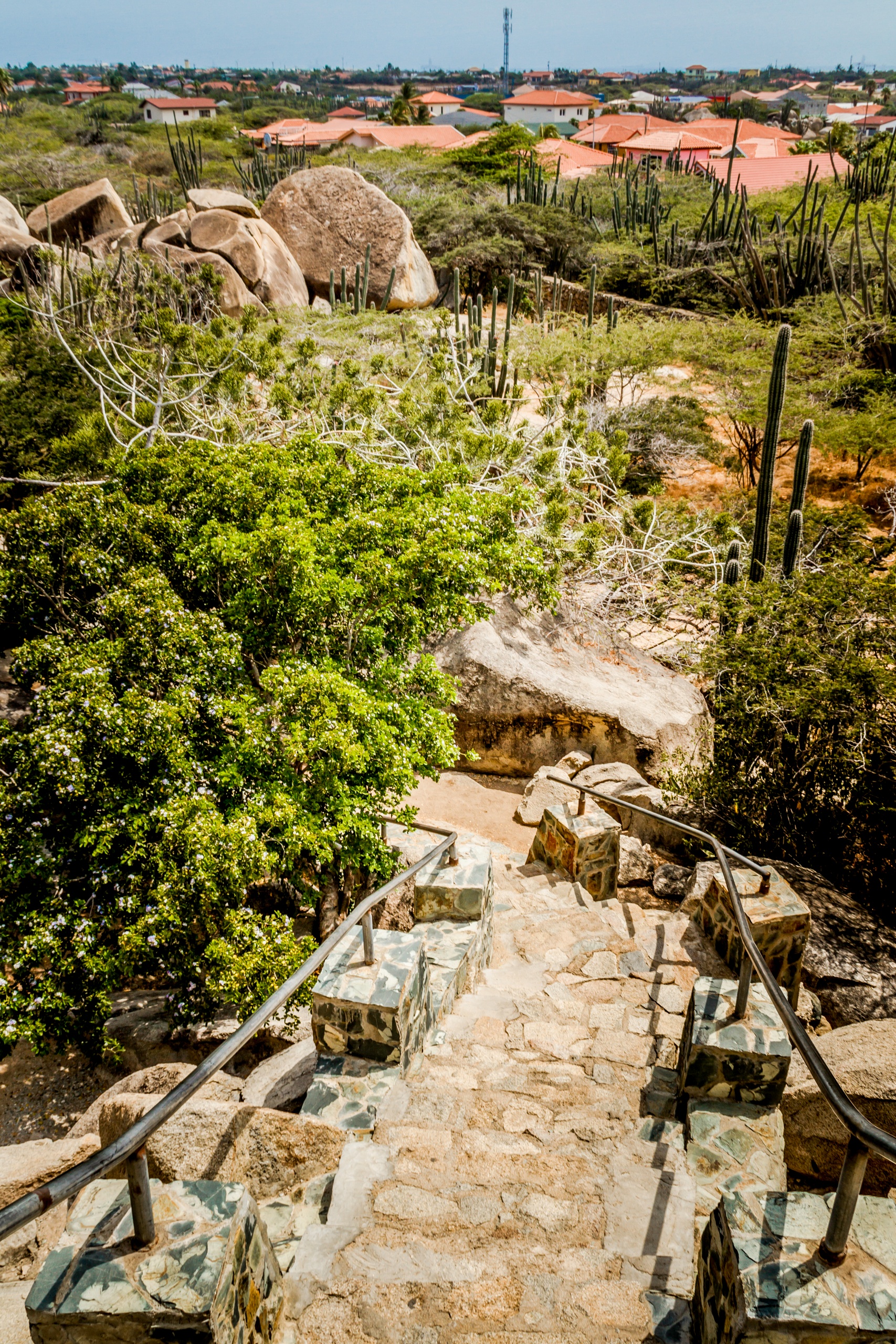 Stone staircase surrounded by lush greenery and rocks leading to a distant town with red-roofed buildings.