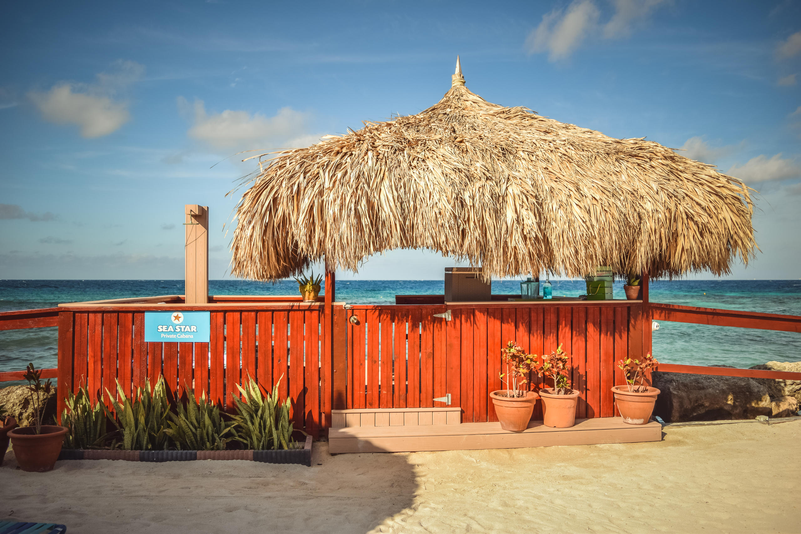 Tropical beach hut with thatched roof by the ocean.