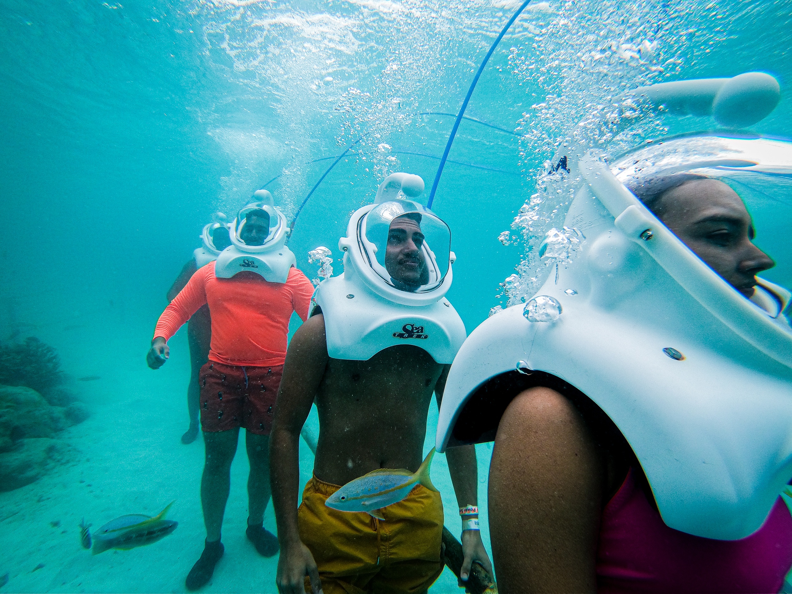 People underwater wearing dive helmets, surrounded by fish.