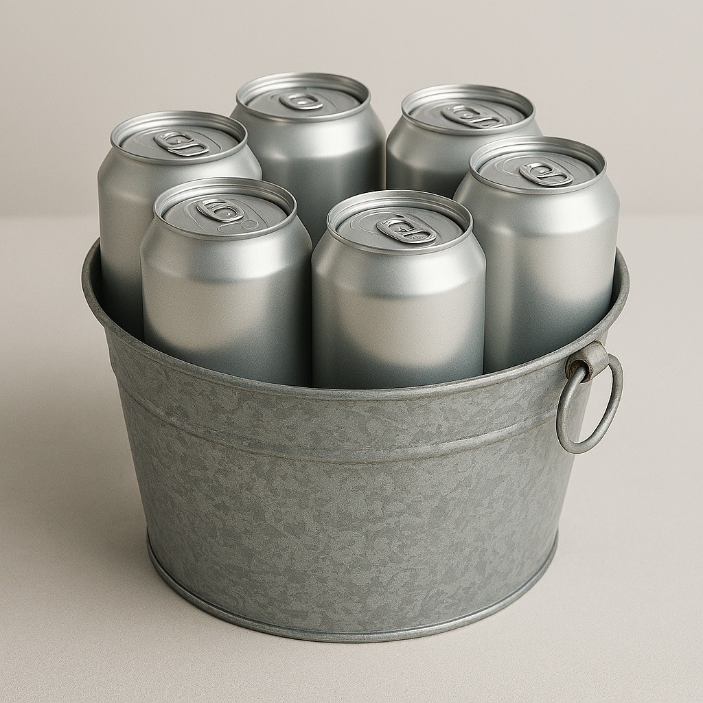 Six silver cans in a metal bucket on a neutral background.