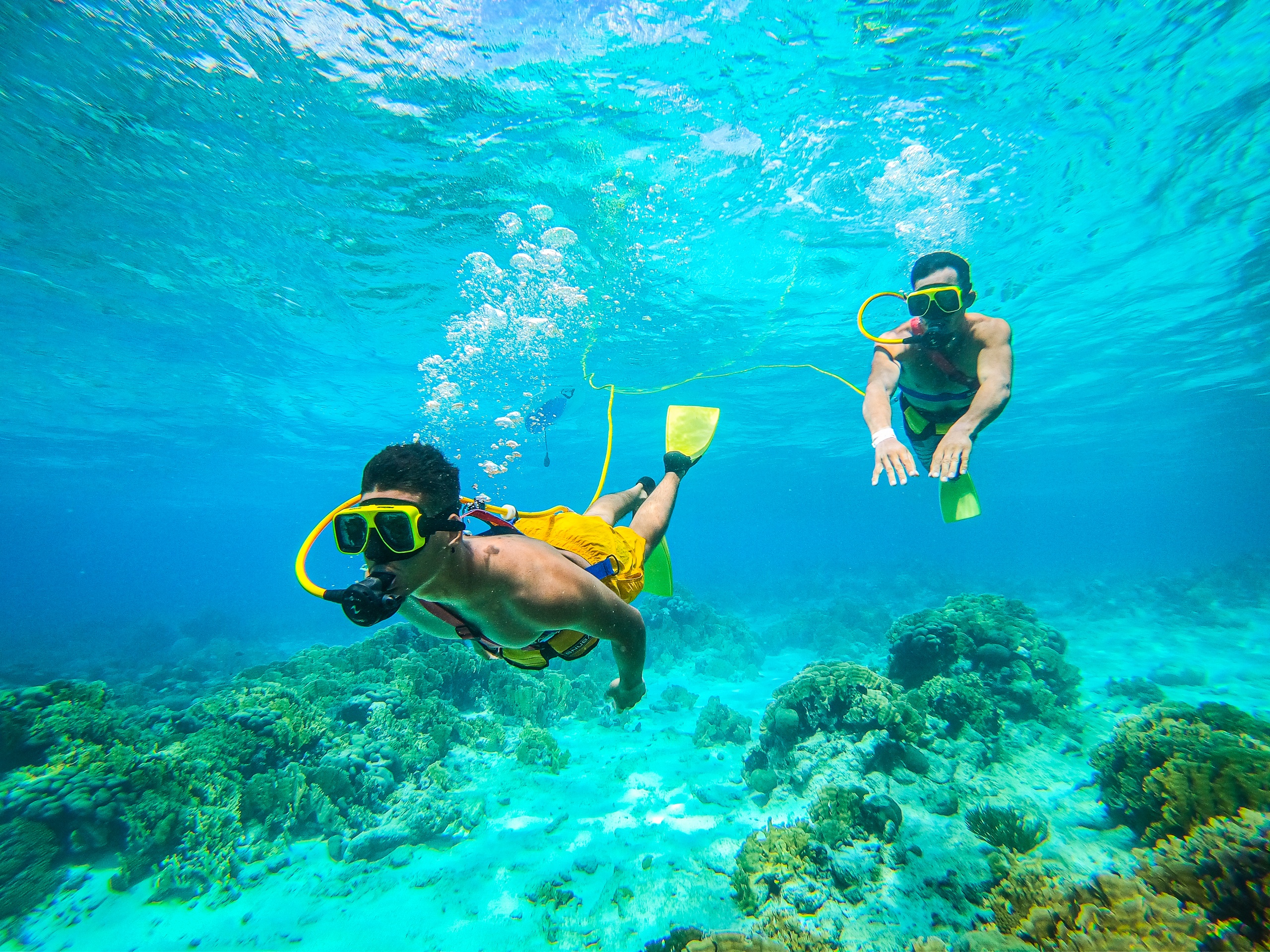 Two people snorkeling underwater with gear in clear blue water above coral reefs.