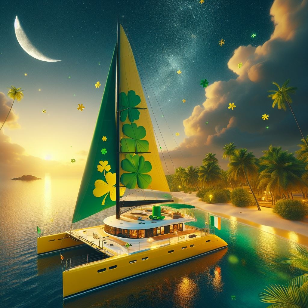 Catamaran at sunset with shamrock sails near a tropical island.