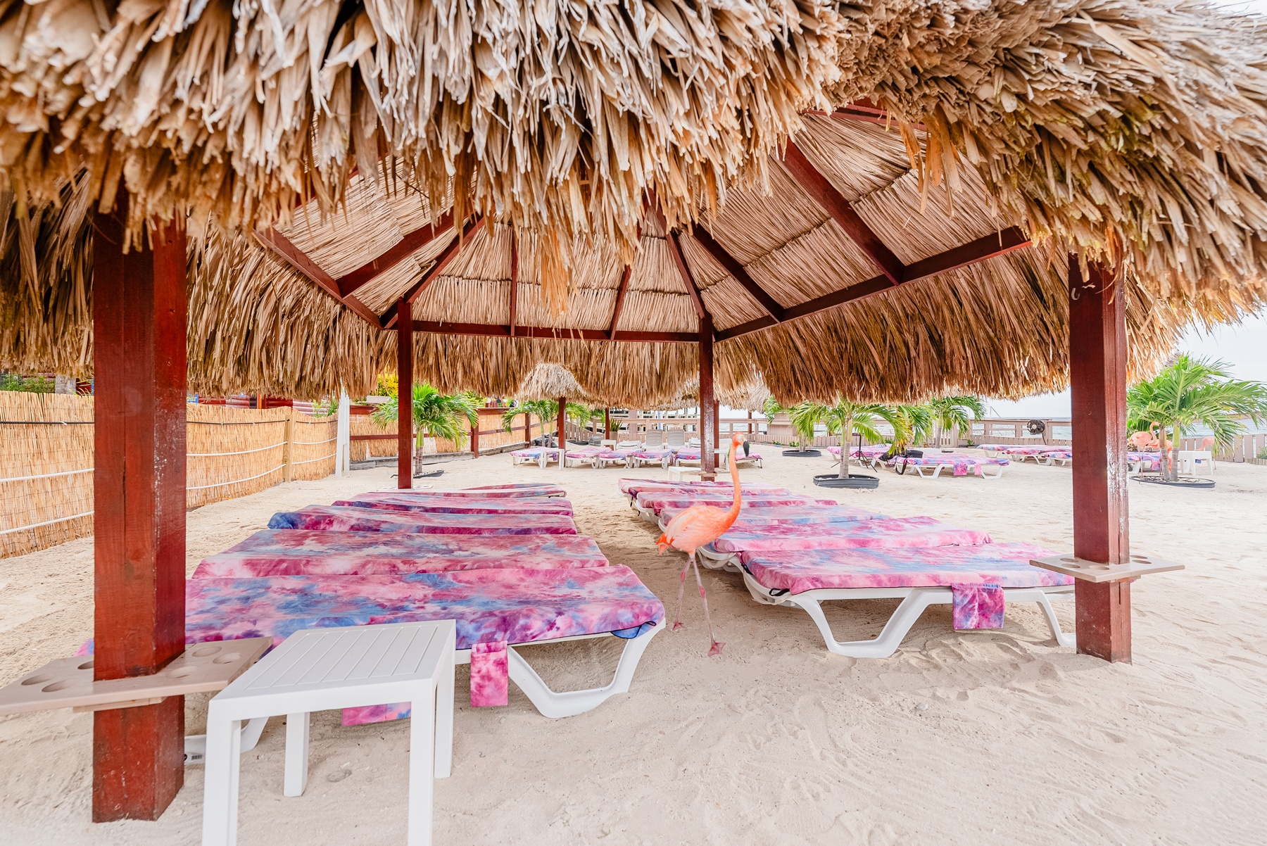 Beach cabana with sun loungers and pink towels under a thatched roof.
