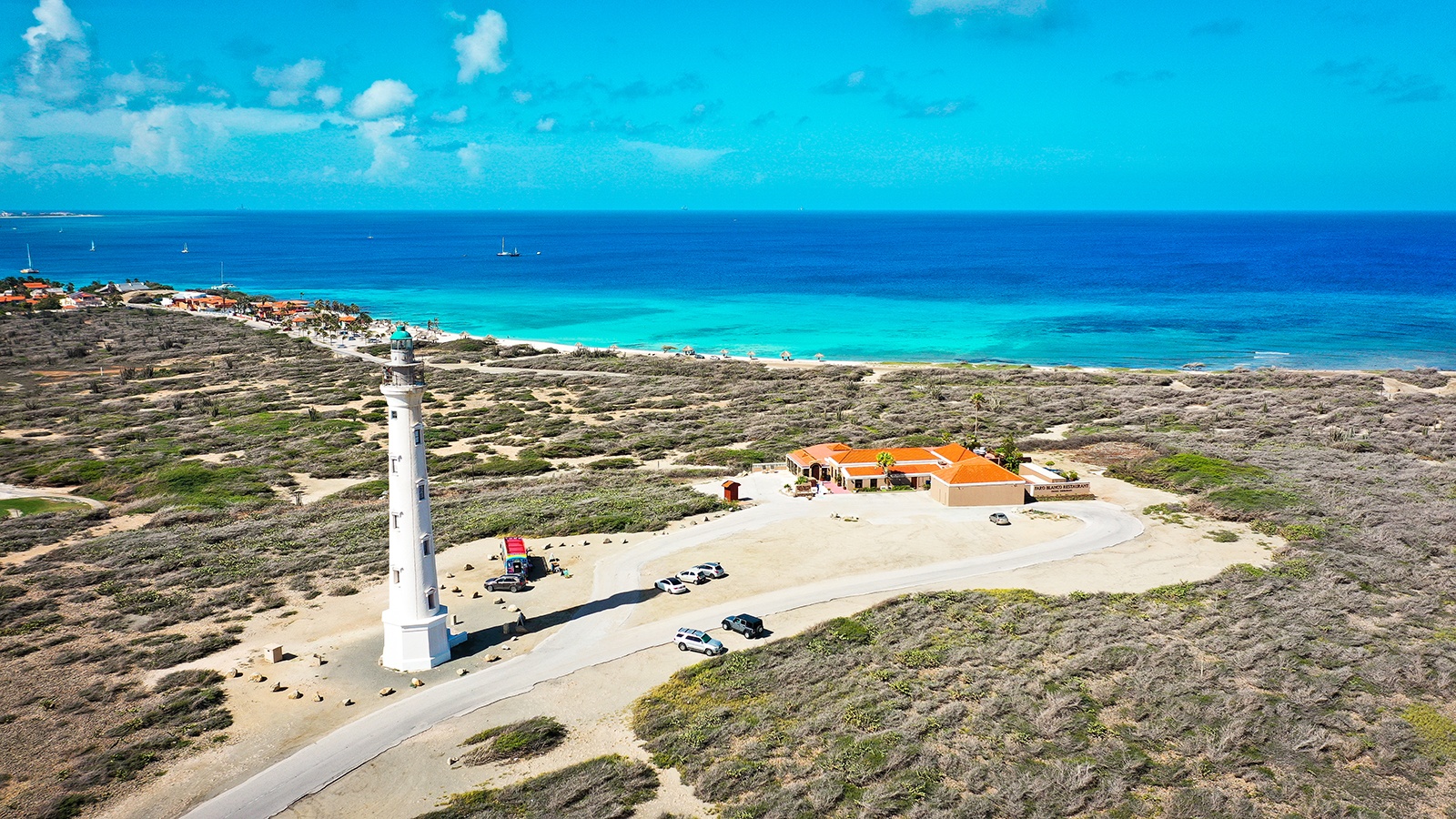 Aerial view of a coastal landscape with a lighthouse and a building near the sea.
