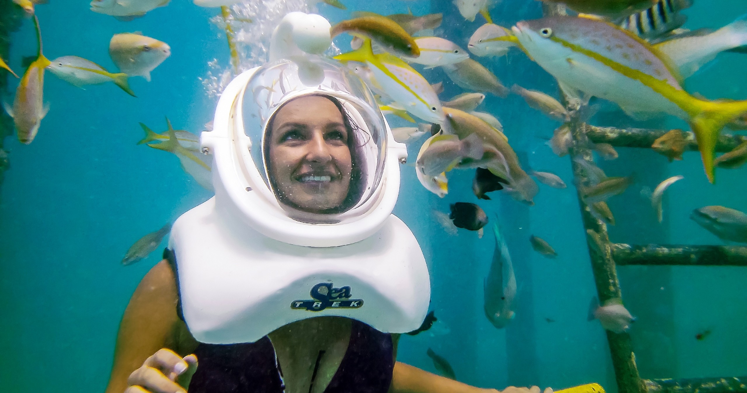 Person underwater wearing helmet, surrounded by colorful fish.