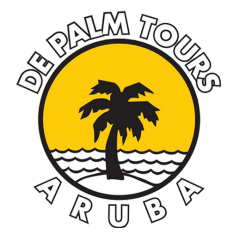 Logo with palm tree, sun, waves, text 'De Palm Tours Aruba'.