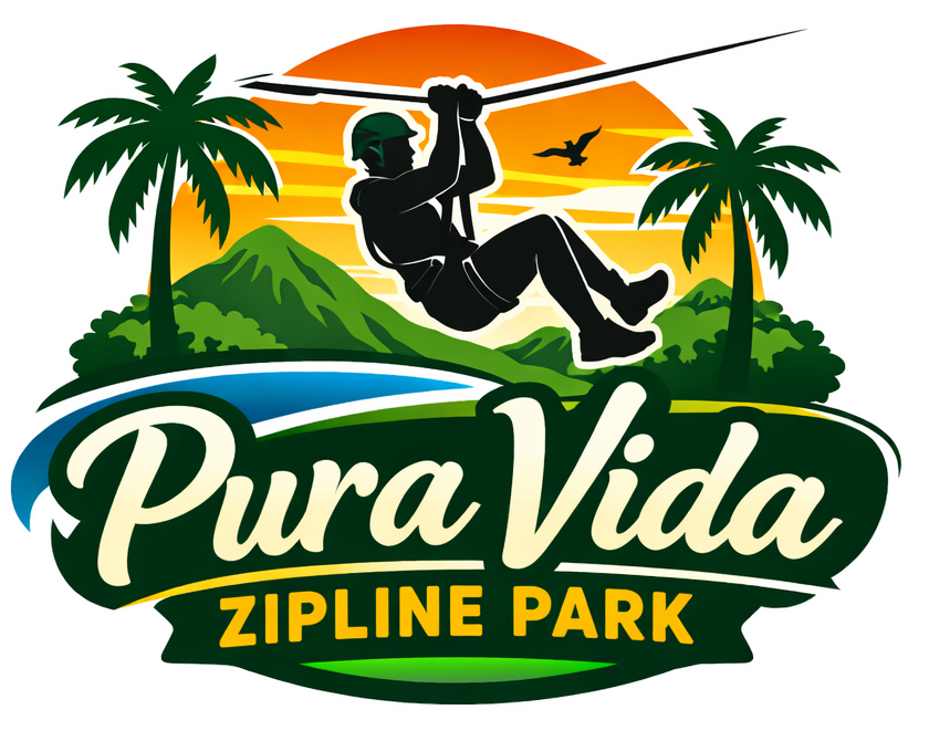 Logo of Pura Vida Zipline Park with mountains, palm trees, and person on a zipline.