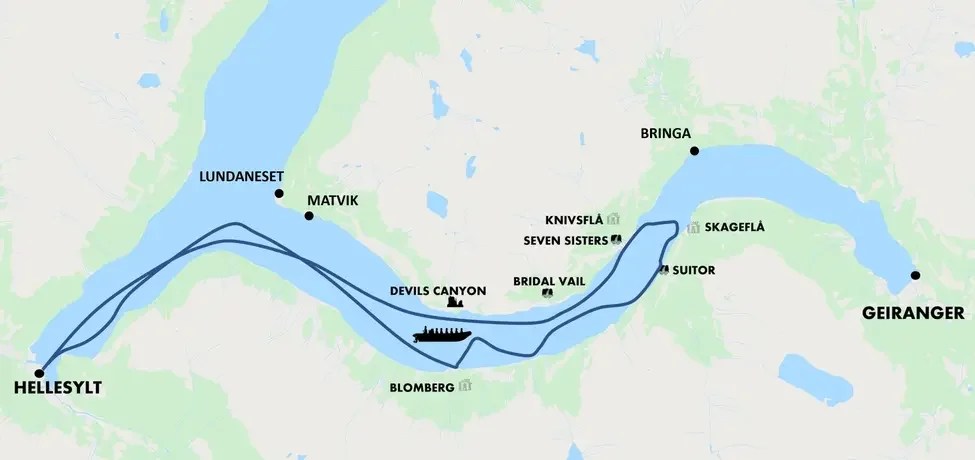 Map of Geirangerfjord with route marked between Hellesylt and Geiranger.
